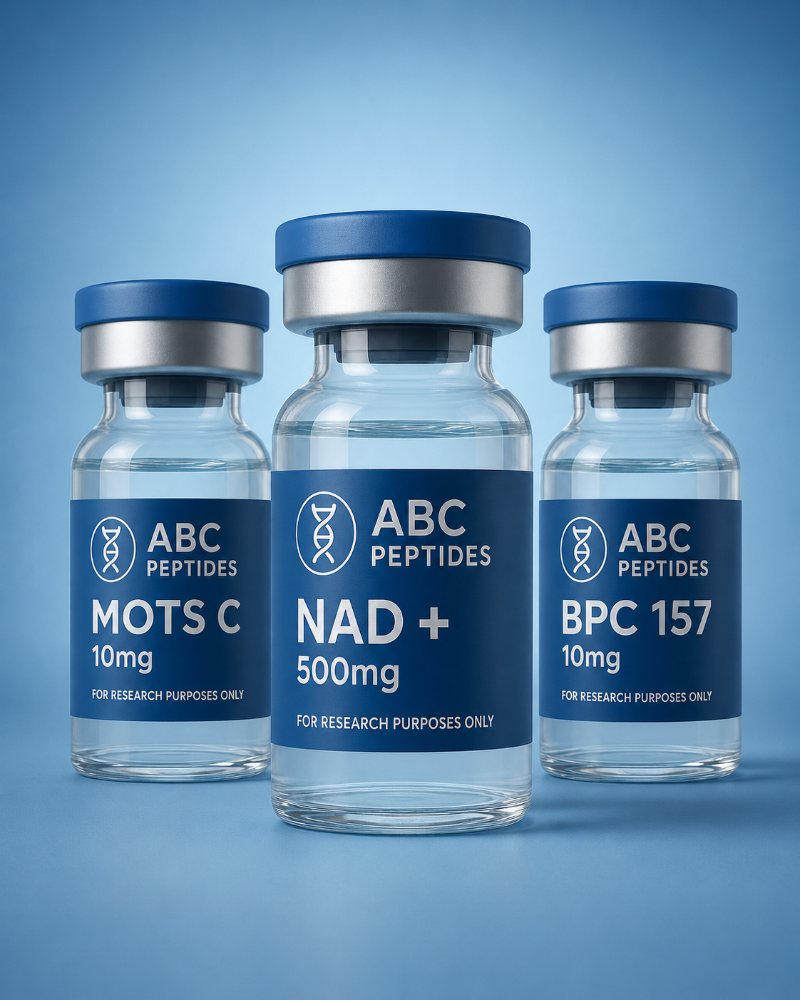 ABC Peptides research vials — MOTS C 10mg, NAD+ 500mg, BPC 157 10mg